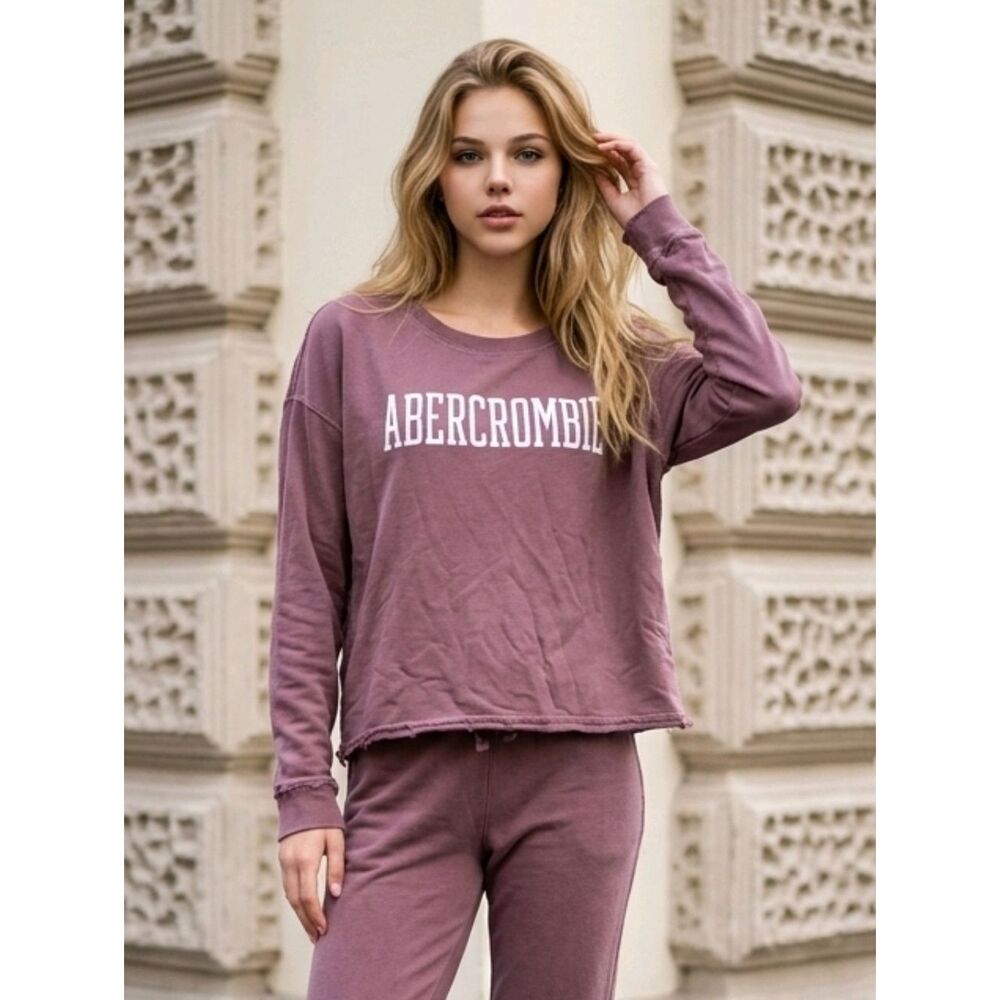 Abercrombie & Fitch S Luxe Terry Sweatshirt Mauve Varsity Logo Raw Hem Oversized